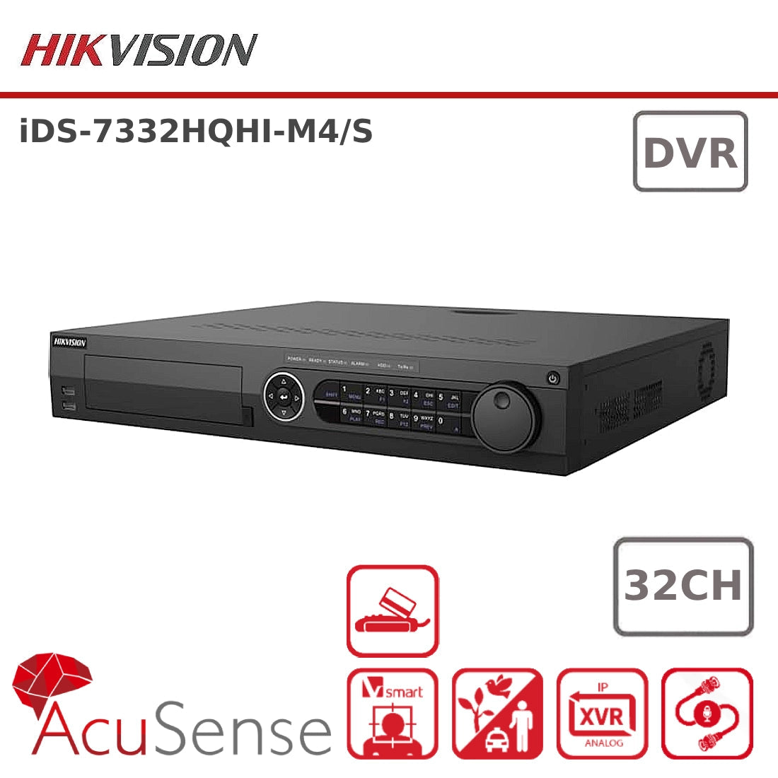 Hikvision iDS-7332HQHI-M4/S digital video recorder with multiple HDMI and VGA ports, high-capacity storage, and security features.