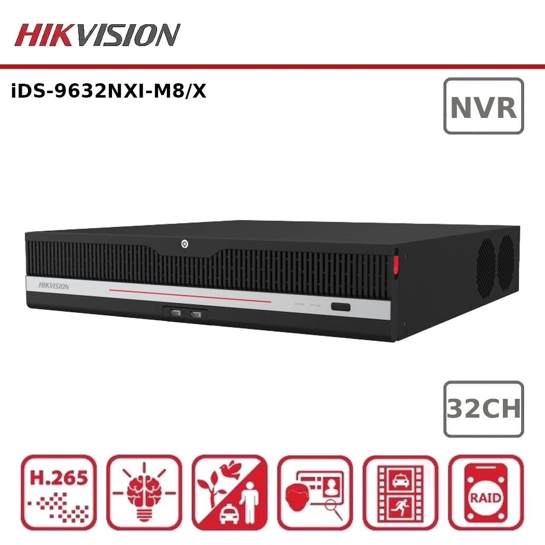 Hikvision DeepinMind iDS-9632NXI-M8/X security NVR with multiple ports and cooling fans, designed for high-performance video recording.