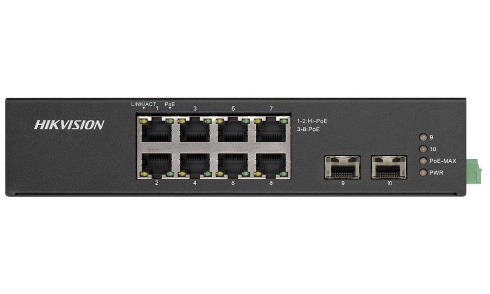 Hikvision Network Switch DS-3T0510HP-E/HS by Galaxy Security, featuring multiple Ethernet ports and LED indicators on a black metal panel.