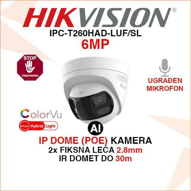 Hikvision IPC-T260HAD-LUF/SRB IP security camera with 2.8mm lens, 6MP hybrid light, for video surveillance in outdoor areas