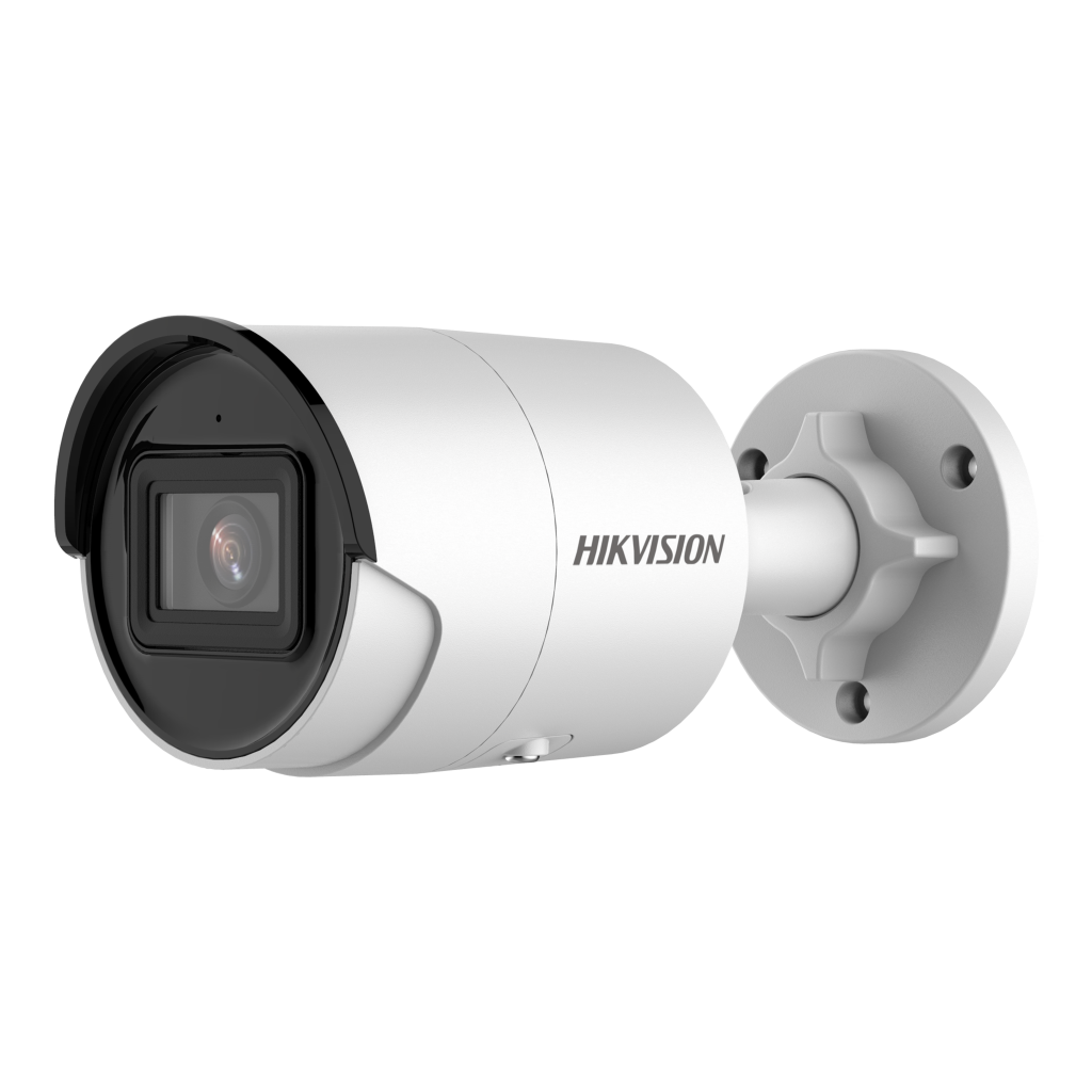 Hikvision 8MP Bullet IP Camera DS-2CD2083G2-IU with 4mm lens, mounted outdoors, capturing surveillance footage in a natural setting.