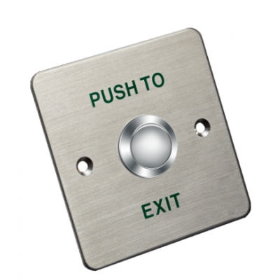 Exit button with black frame and white label, designed for easy emergency exit access in commercial and industrial settings.