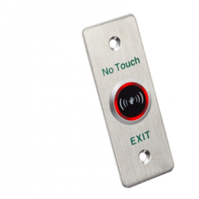 Touchless exit button by My Store, sleek black device with sensor for hands-free door operation, mounted on wall.