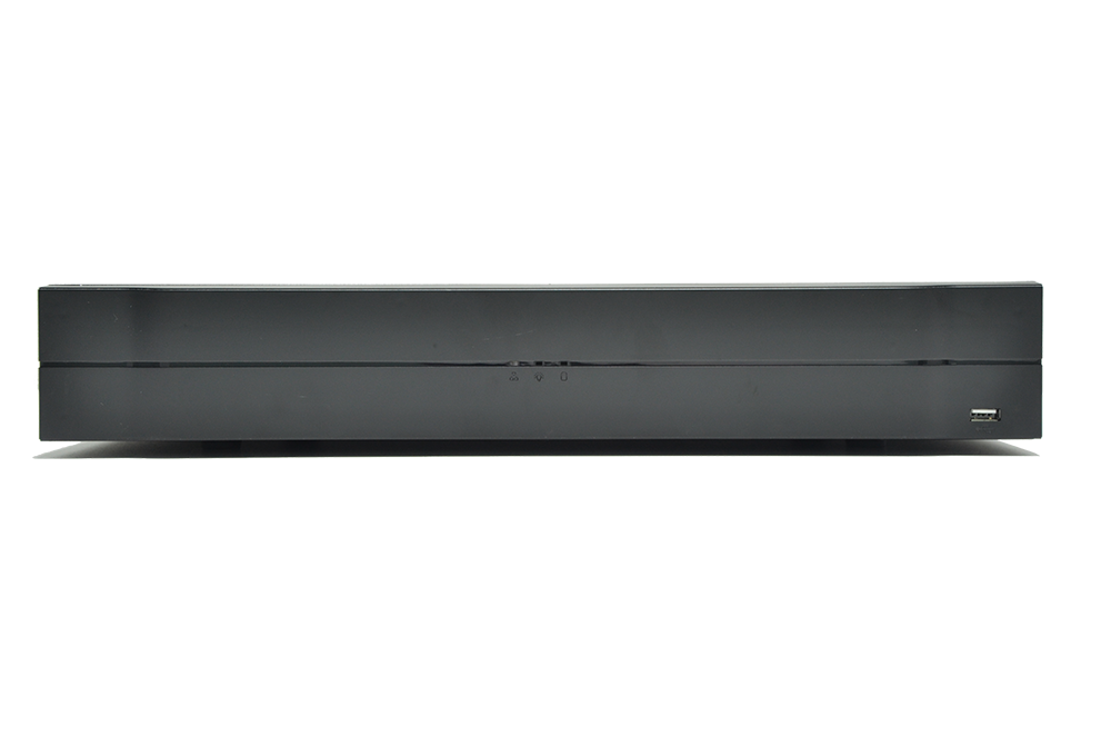 8-channel 1U My Store network video recorder with PoE ports and 4K H.265 Lite video compression, shown in a compact rack-mount setup.