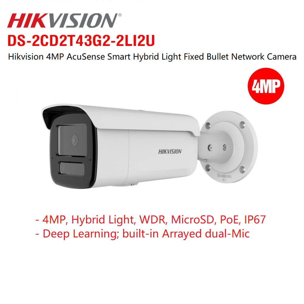 Hikvision 4MP Bullet IP Camera DS-2CD2T43G2-2LI2U with 2.8mm lens, outdoor security camera with night vision and weatherproof design