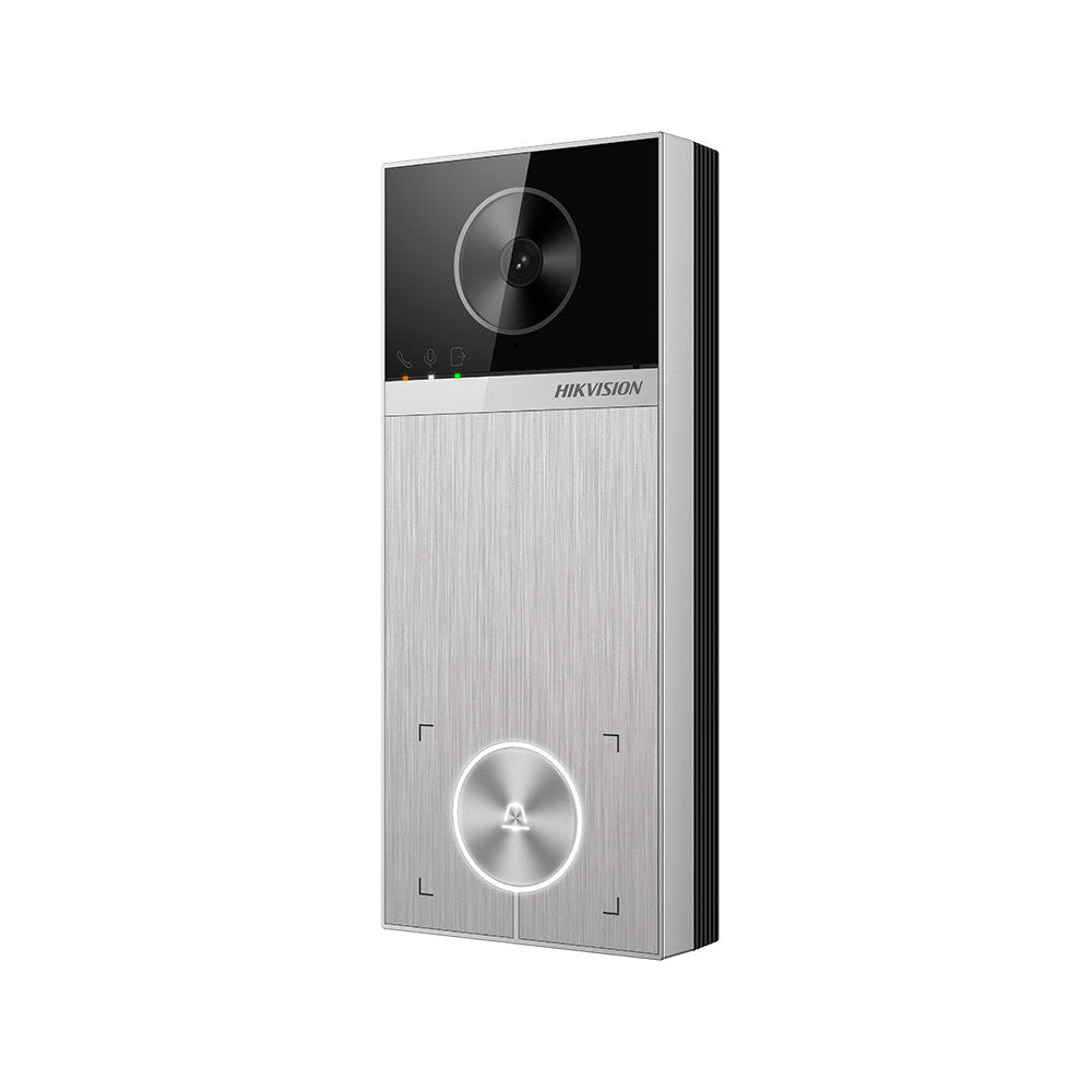 Hikvision Video Door Station DS-KV6114-MWBE1 from Galaxy Security, featuring a sleek outdoor security video intercom with camera and microphone.