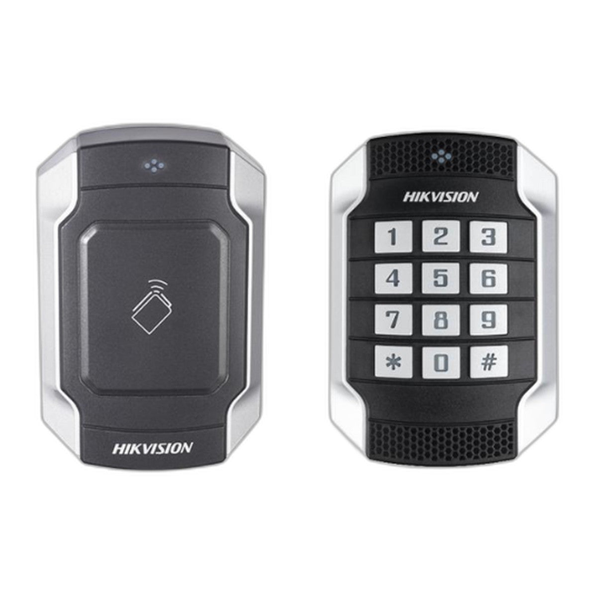 Hikvision DS-K1104MK card reader installed on a security access control panel, used for secure building entry.