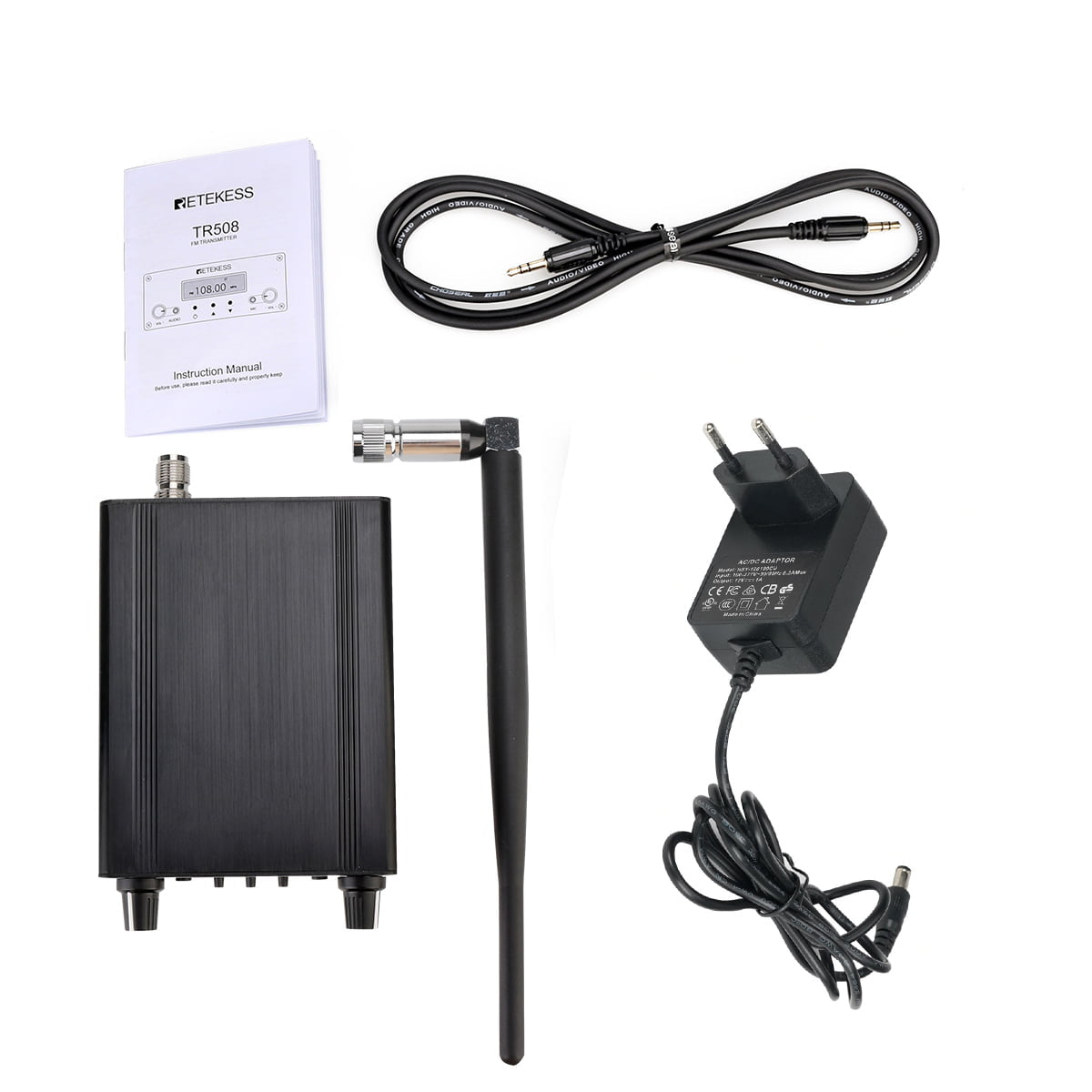 Galaxy Security GX-RET-TR508 FM transmitter package showing the device and packaging details.