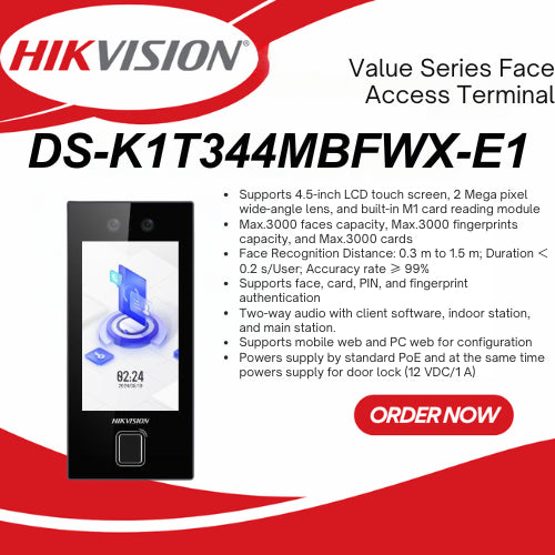 Hikvision access control device DS-K1T344MBFWX-E1 installed on a wall with a fingerprint scanner and keypad, branded Galaxy Security