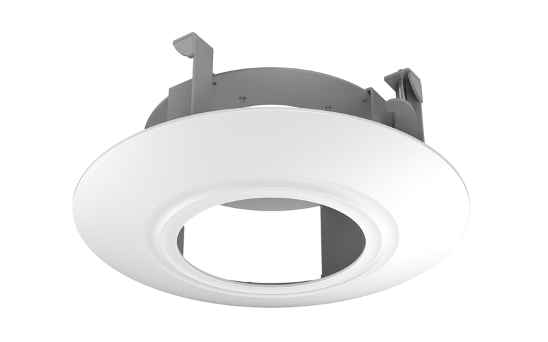 Hikvision RCM-4 mounting bracket installed on a security camera, with a sturdy metal construction for ceiling or wall mounting.