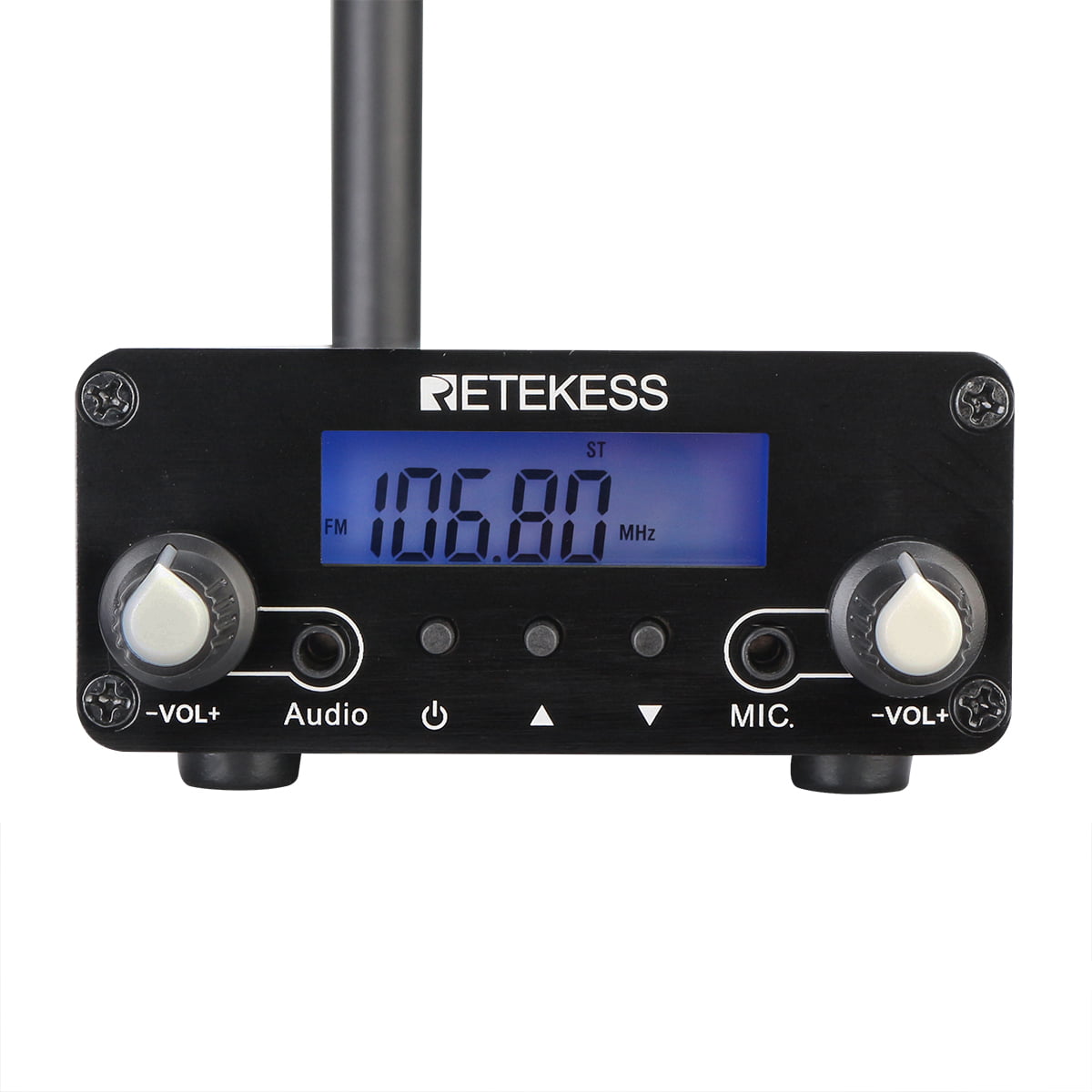 Galaxy Security GX-RET-TR508 FM broadcast transmitter with control panel and connectors on a professional equipment setup.