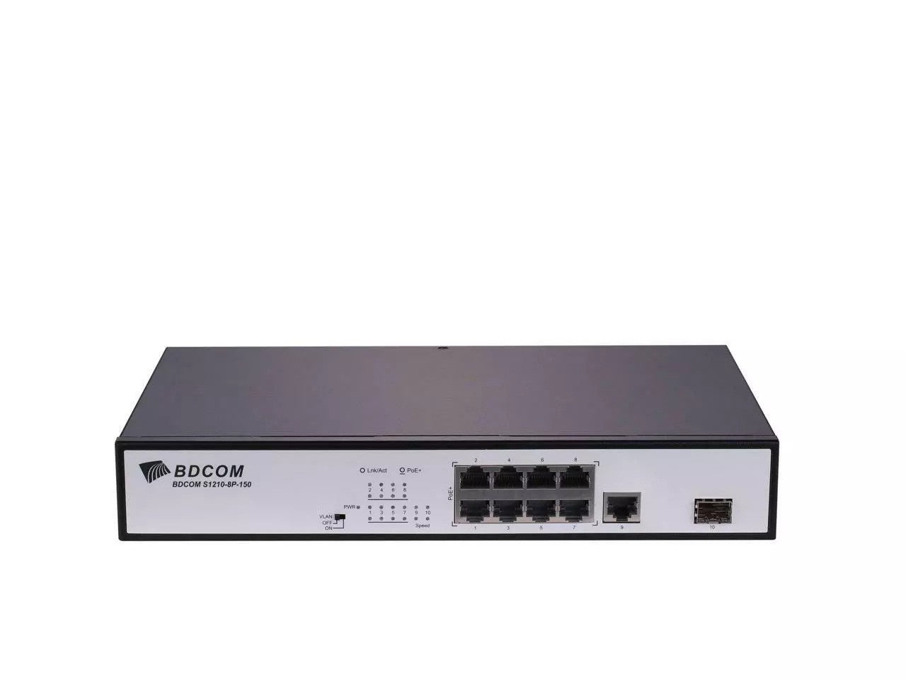 My Store BDCOM 8-Port 10/100M PoE+ unmanaged switch with 1 Gigabit copper port and 1 Gigabit SFP port, front view of switch.