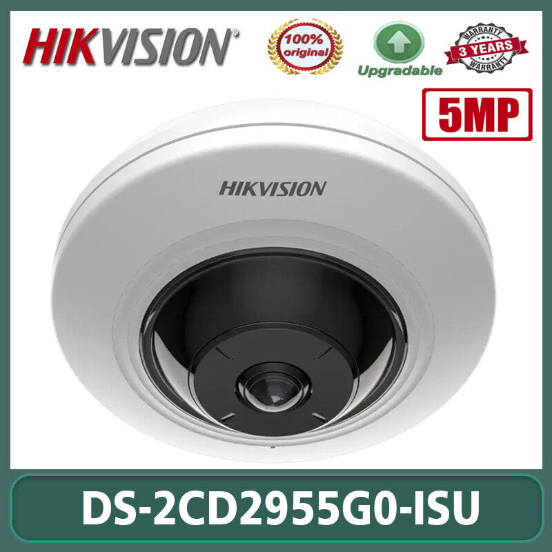 Hikvision fisheye IP camera DS-2CD2955G0-ISU with 1.05mm lens, compact security camera for wide-angle surveillance from Galaxy Security