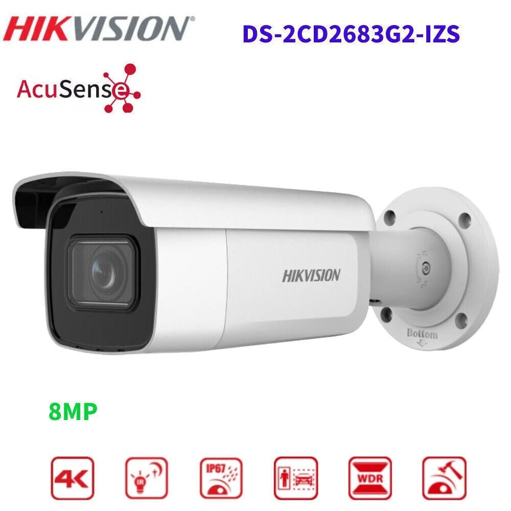 Hikvision 8MP Bullet IP Camera DS-2CD2683G2-IZS with 2.8-12mm lens, security camera with weatherproof housing and adjustable zoom.