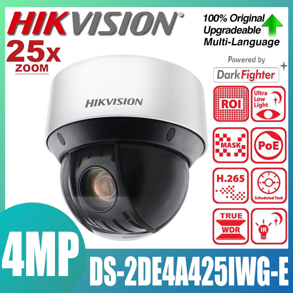 Galaxy Security Hikvision 4MP PTZ IP Camera with adjustable zoom and pan, featuring weatherproof design and night vision capabilities.