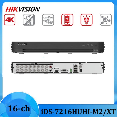 Hikvision Digital Video Recorder iDS-7216HUHI-M2/XT with multiple HDMI and VGA ports for security surveillance setup.
