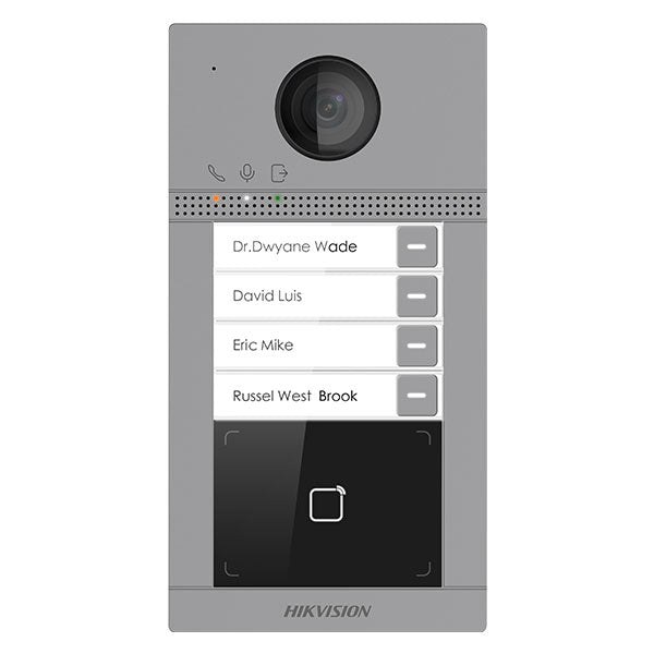 Hikvision DS-KV8413-WME1(C) indoor video intercom station with touchscreen display and camera for home security.