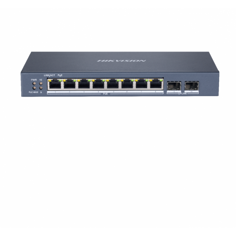 Hikvision DS-3E1510P-SI network switch with 8 ports, including PoE capability, used for reliable security system networking.