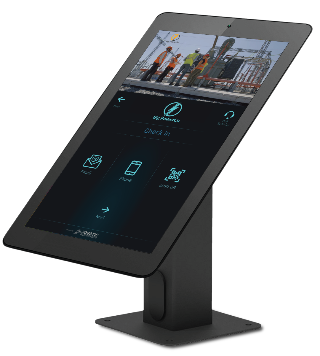 Galaxy Security TOM robot on stand, with a sleek design, displayed on a 1200x1920 stand for security and surveillance purposes.