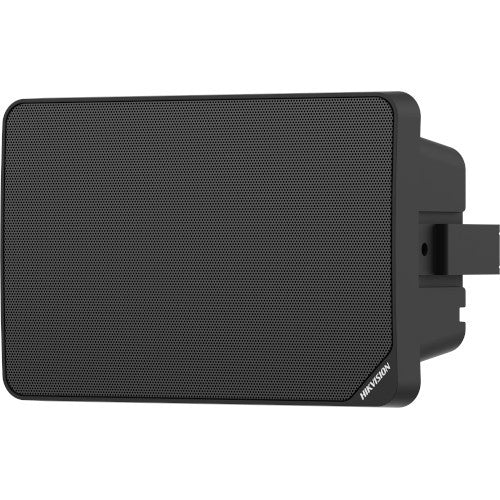 Hikvision DS-QAE0120G1R black audio device for security systems, shown in a close-up image highlighting its design and features.