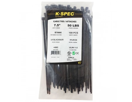 K-SPEC Attache de câble - 7,5 pouces, 50 lb, noir, 100 pièces